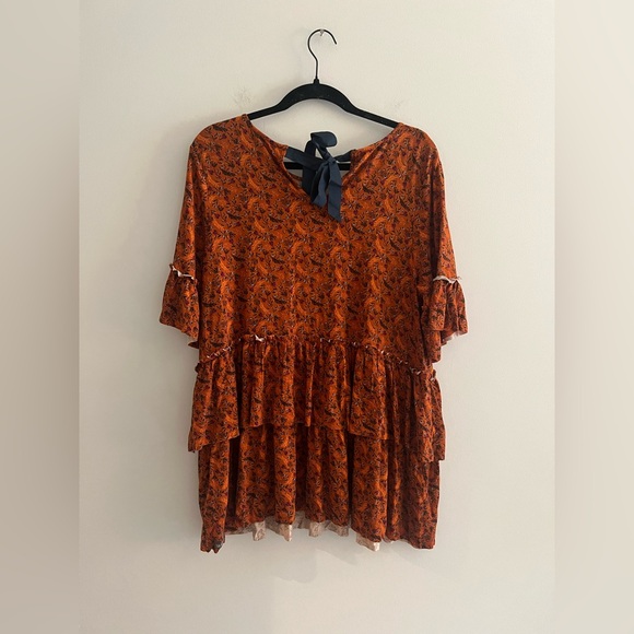 Matilda Jane Floral Tiered Babydoll Top Large Burnt Orange Tie Back - Picture 4 of 4